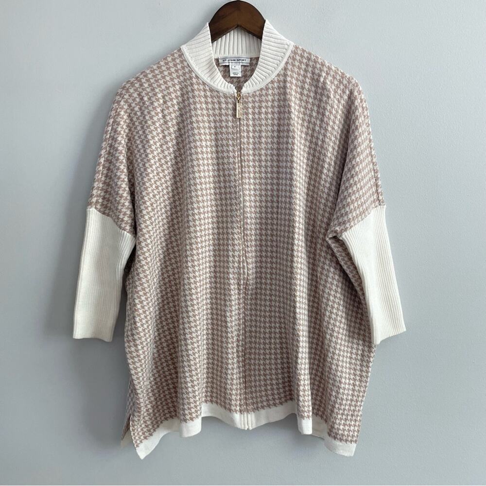 St. John Sport | Women’s Houndstooth Oversized Zip-Up Cardigan Jacket Dolman Tan